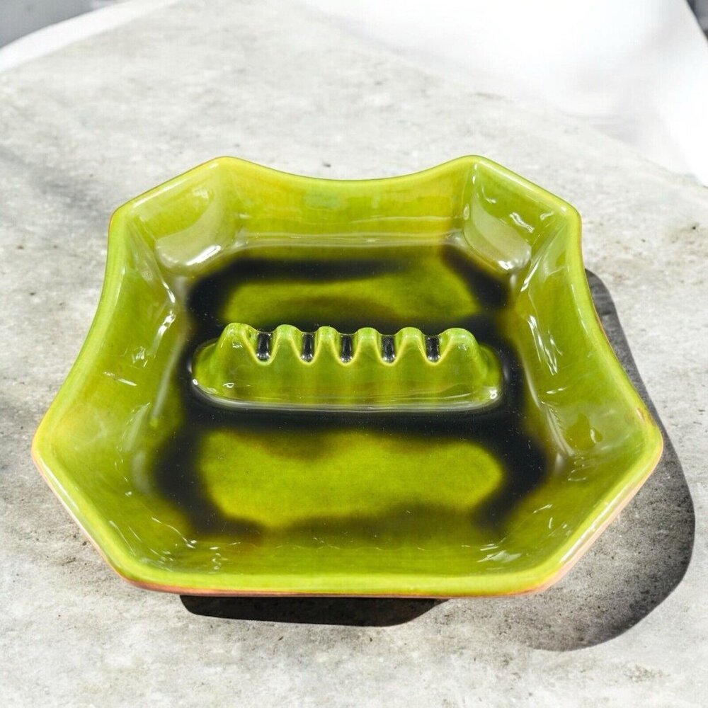 Vintage Sequoia Ware Ashtray Dish Green Brown USA Pottery Dish Plate Ceramic VTG